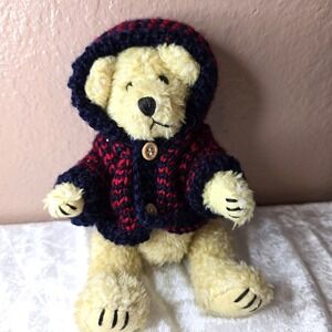Vintage‎ 1998 Hugfun Teddy Bear Plush Red Blue Knit Sweater Hooded Jacket Toy